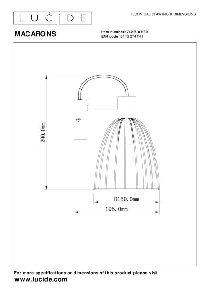 Lucide MACARONS - Wall light - 1xE27 - Black - technical